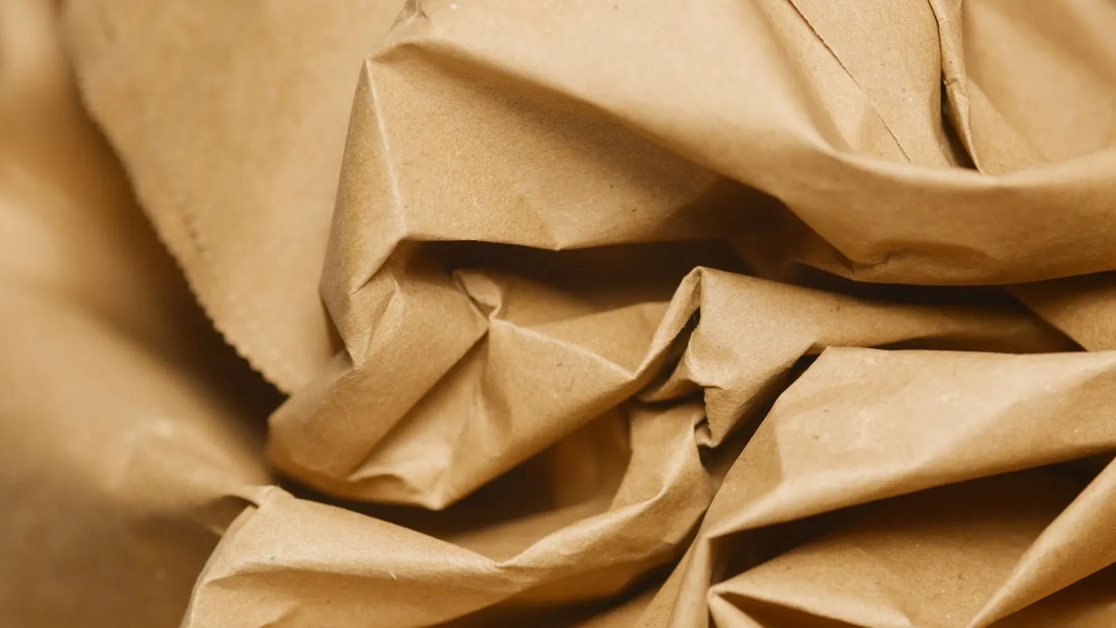 Close-up of crumpled brown kraft paper showing its fiber texture